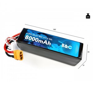 Аккумулятор LiPo B&C - 22.2v 8000мАч 90C (6S, Softcase, разъём XT-90) B&C-8000-6S-90-S-XT90