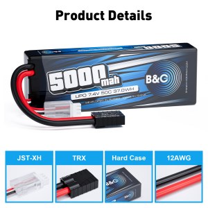 Аккумулятор Li-po B&C 5000 MAH 7.4v (2s), 50C, TRX, Hard case B&C-5000-2S-50-H-TRX